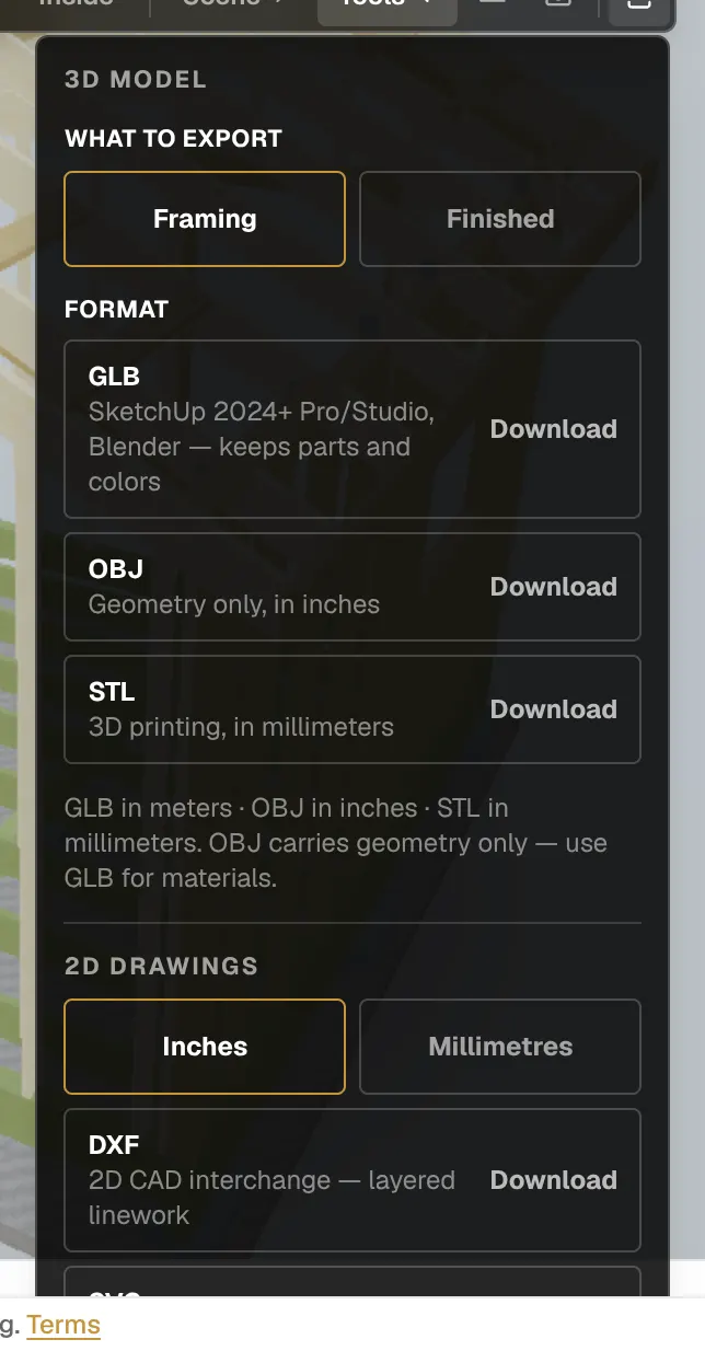 The Export panel with 3D model format choices and the 2D drawings DXF and SVG downloads.