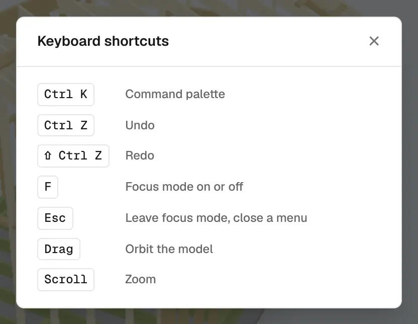 The Keyboard shortcuts dialog listing the shortcut keys.