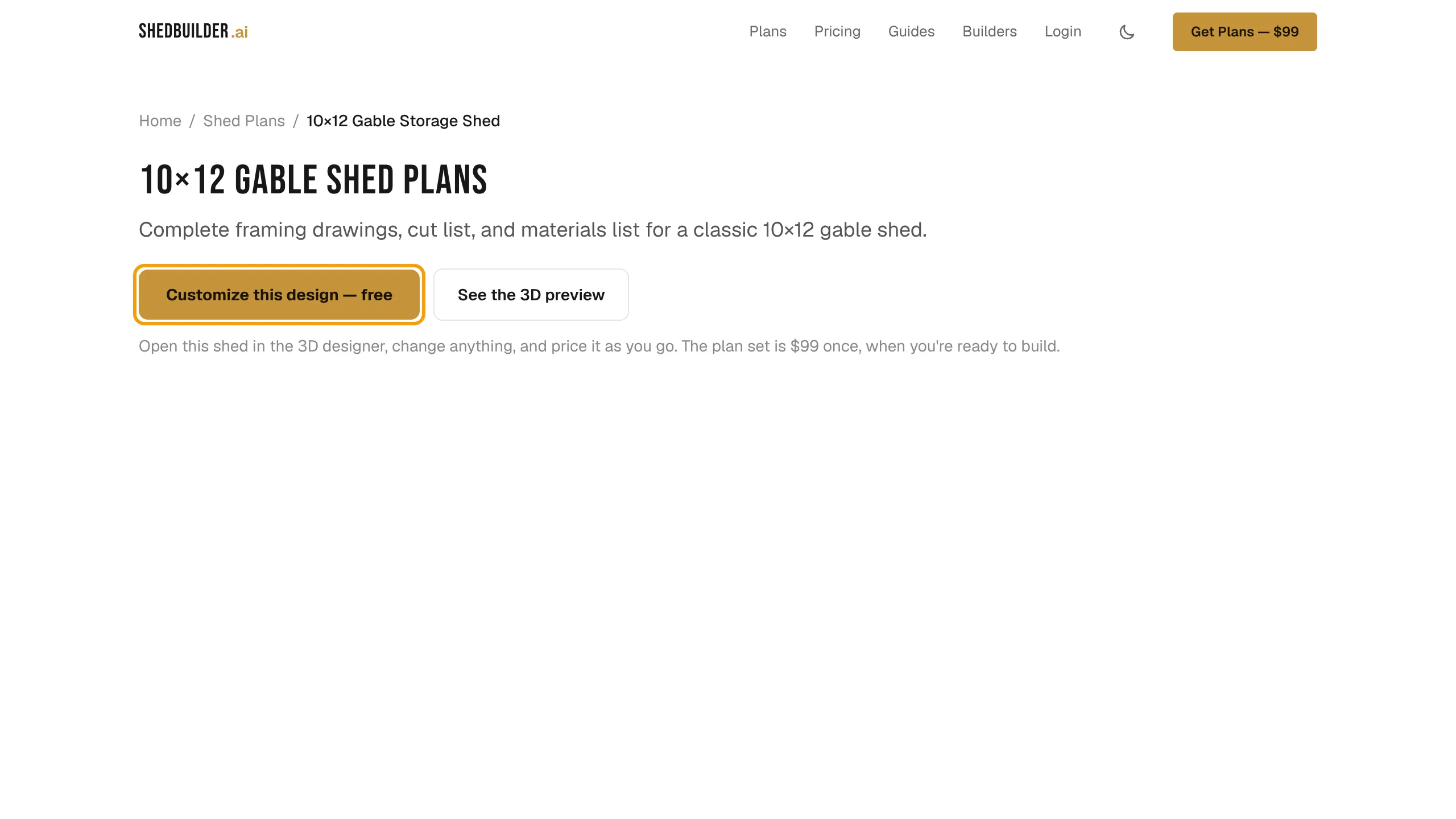 A plan page with the Customize this design button outlined.