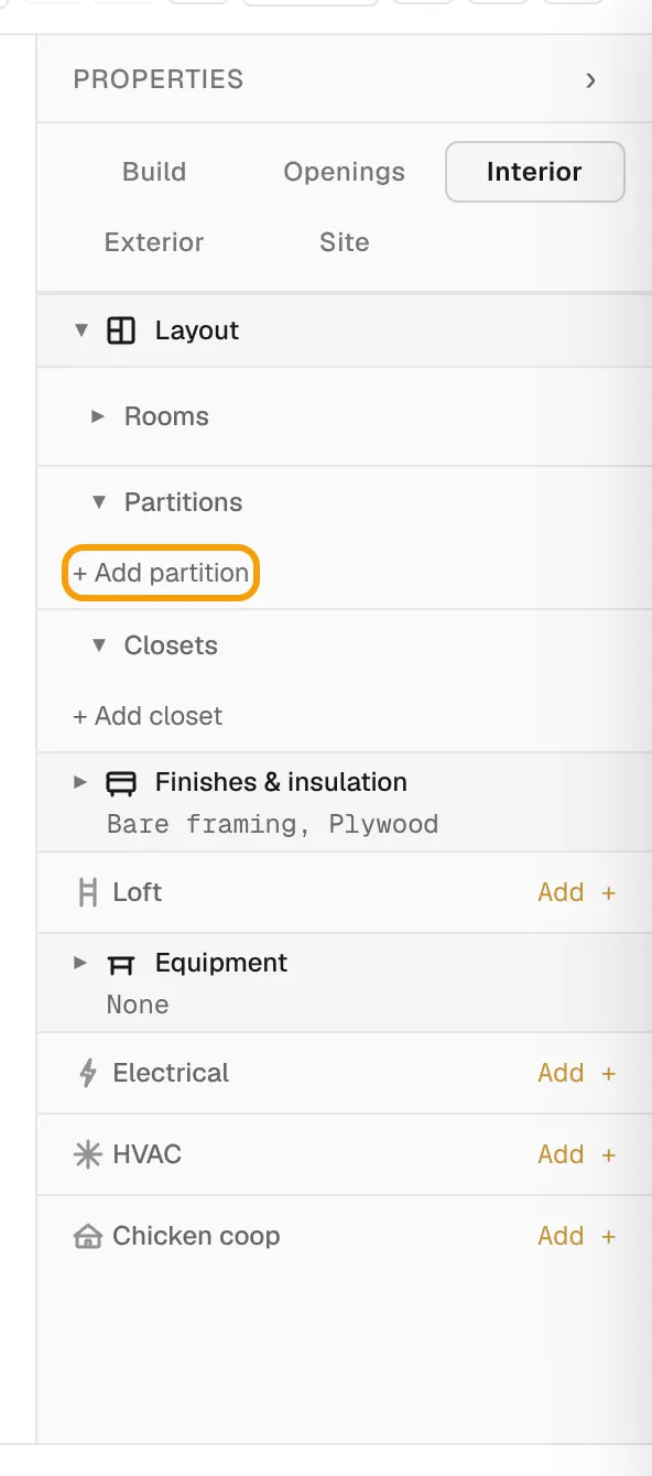 The Interior tab of the properties panel with the Layout section open and + Add partition outlined.