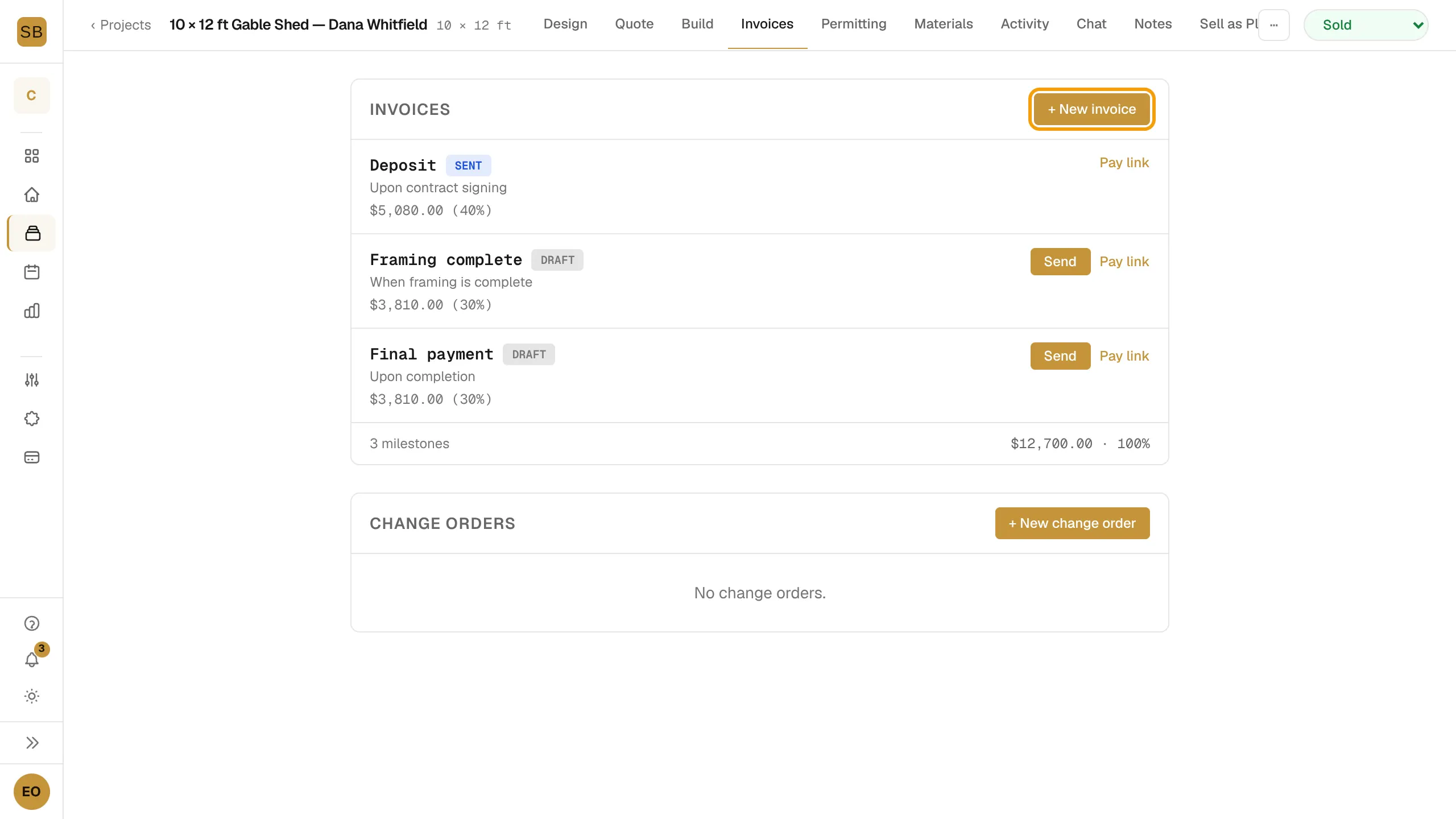 The Invoices tab listing milestone invoices with the New invoice button outlined.