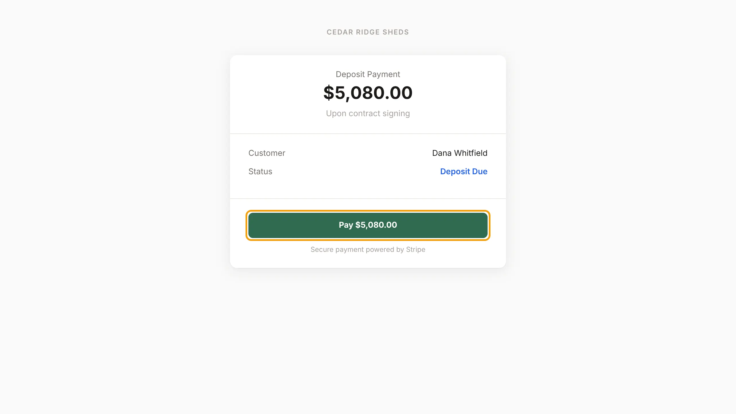 The customer's pay page showing the milestone, amount and the Pay button outlined.