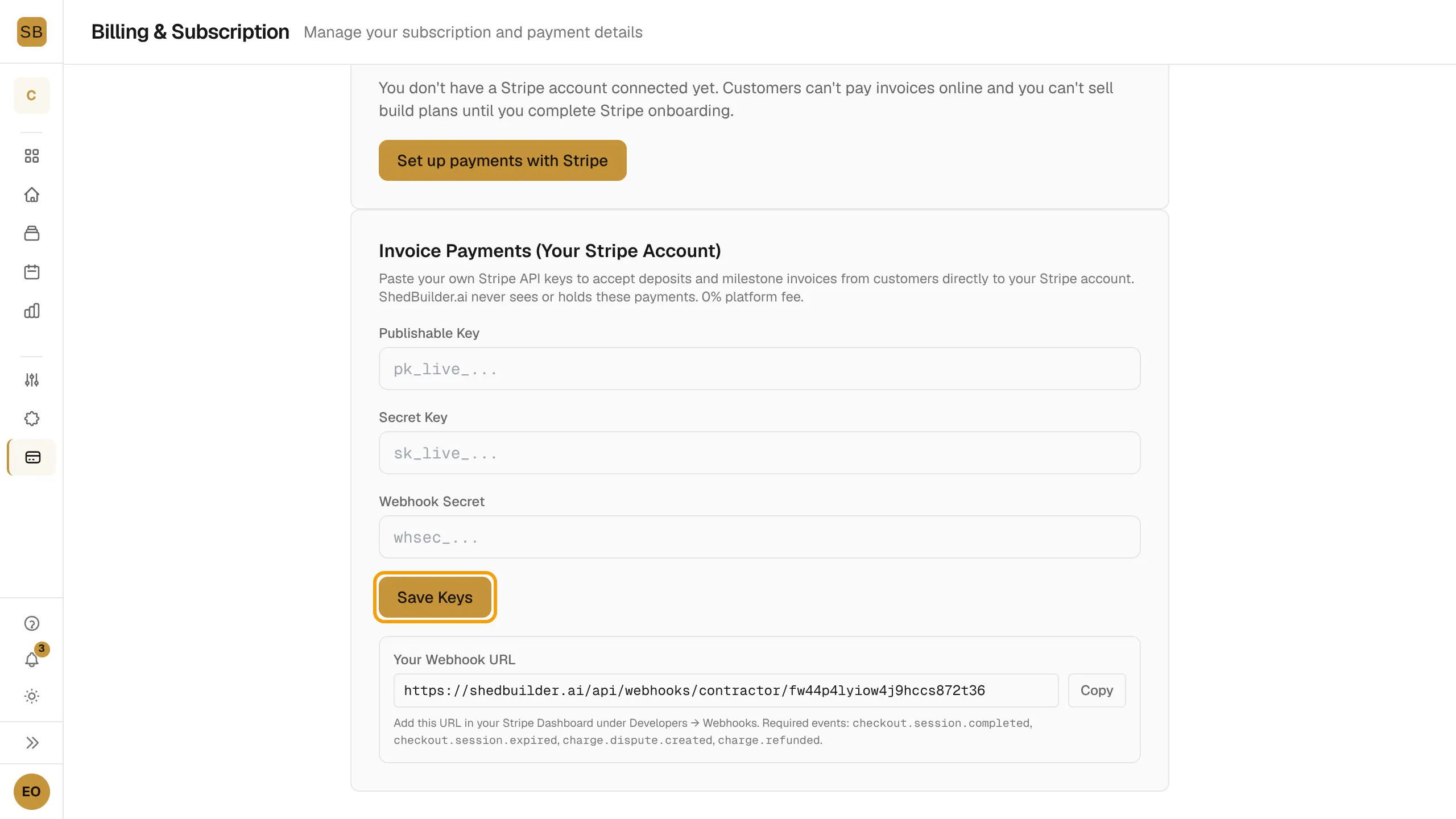 The Invoice Payments section on the Billing page with the Save Keys button outlined.
