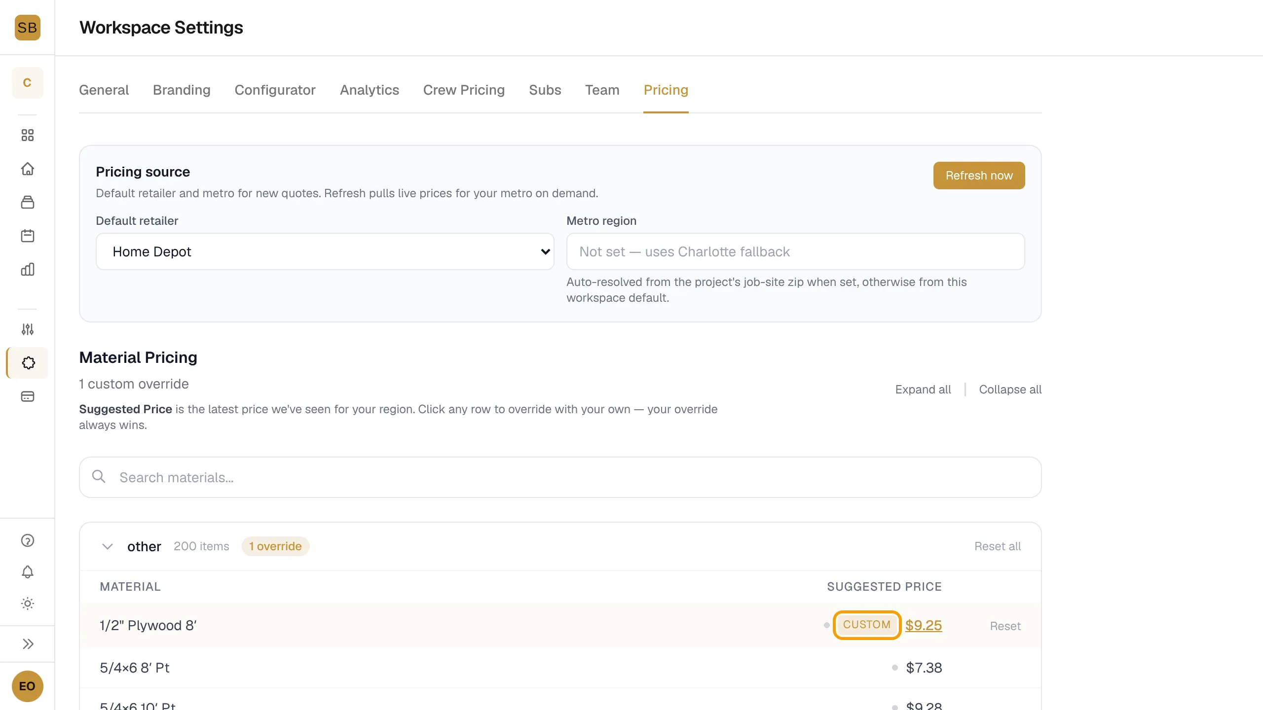 A material row with a custom tag after a price override, and the override count above the list.