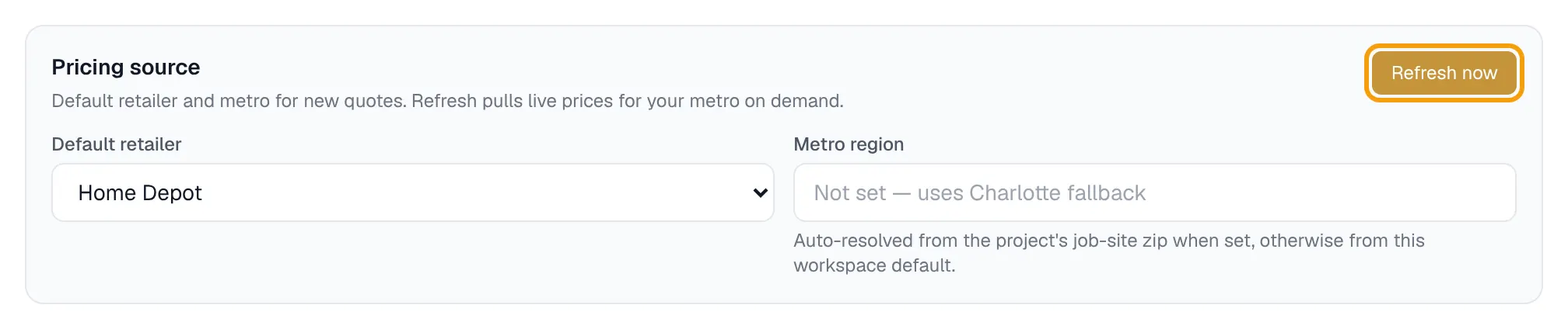 The Pricing source card showing the default retailer, the metro region and the Refresh now button ringed.