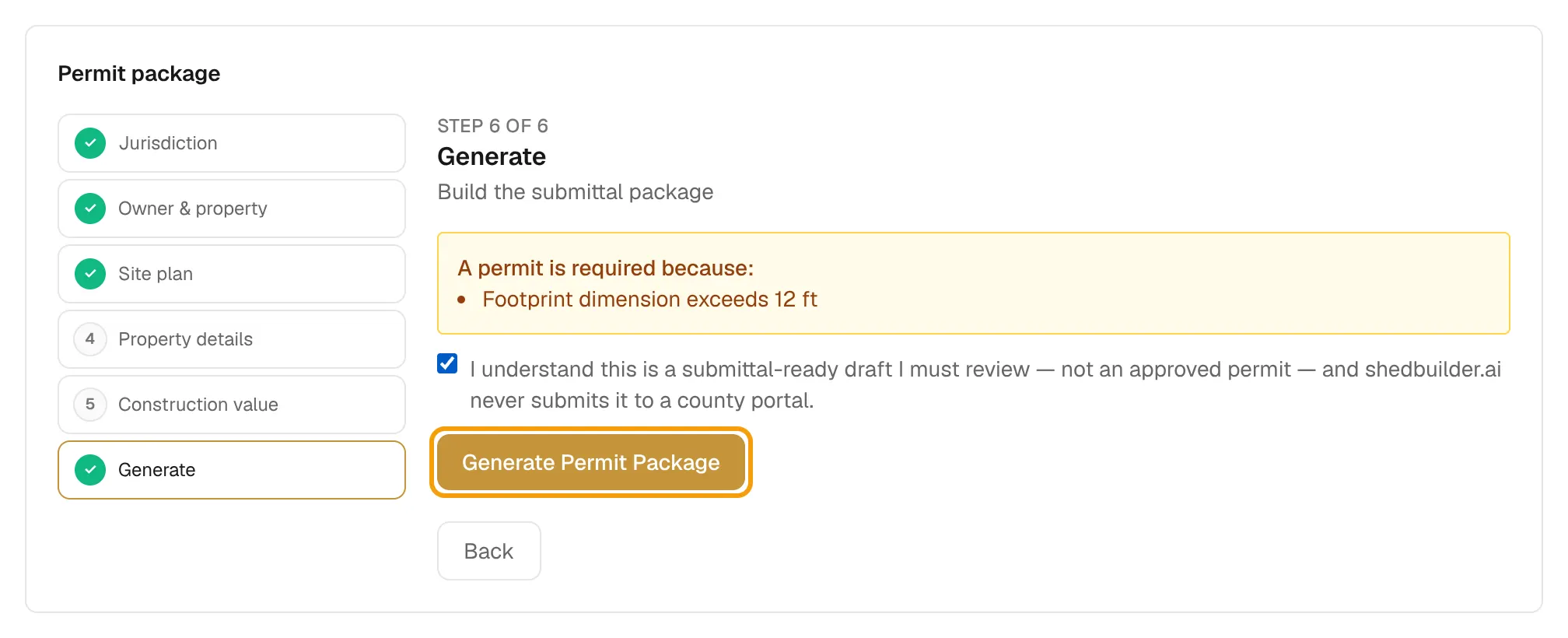 The permit wizard on the Generate step with the review box ticked and Generate Permit Package outlined.