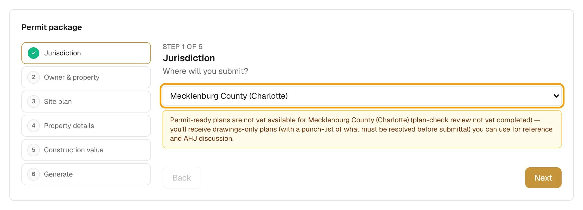 The permit wizard on the Jurisdiction step with the jurisdiction list outlined.