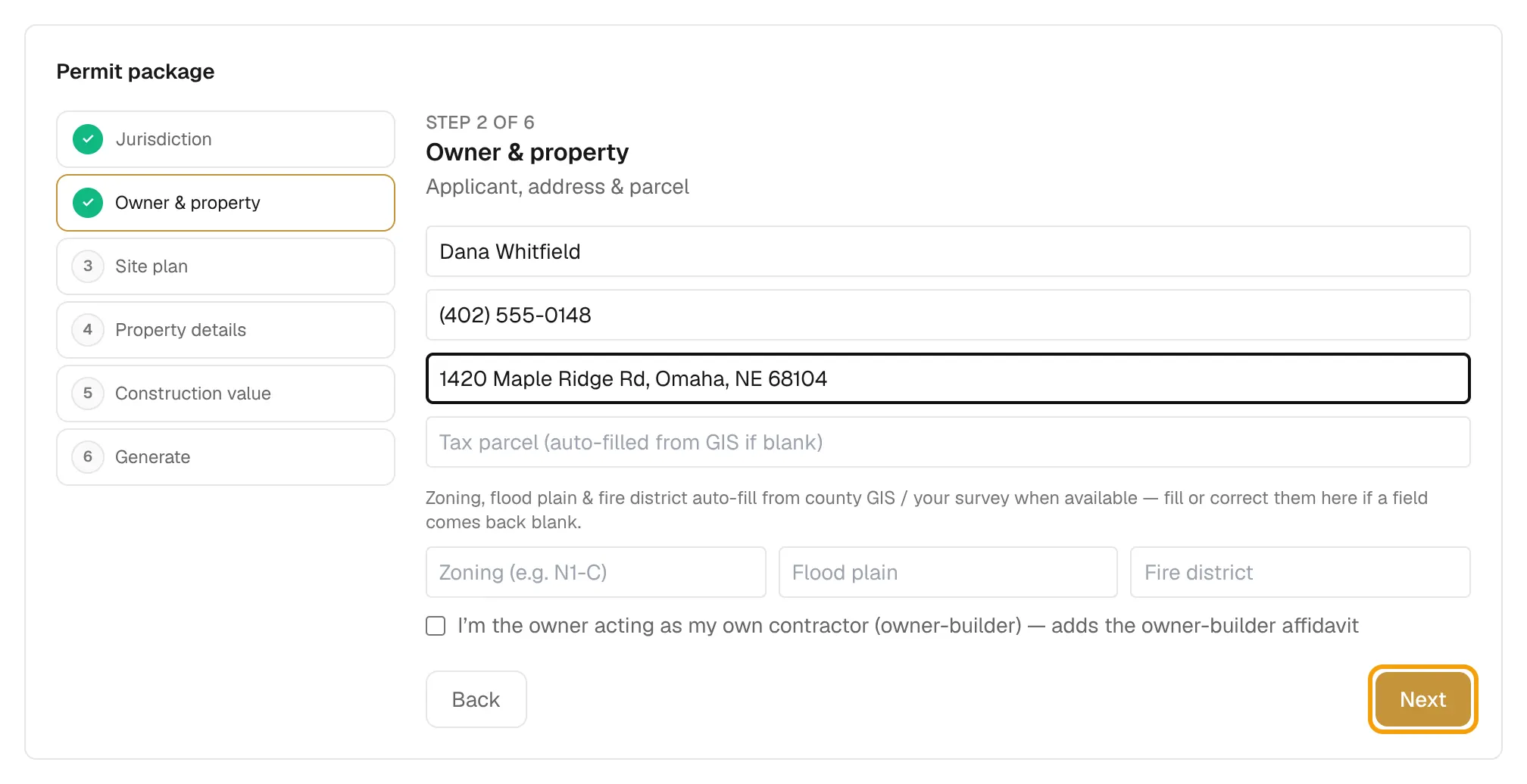 The permit wizard on the Owner & property step with the owner, phone and address filled in.