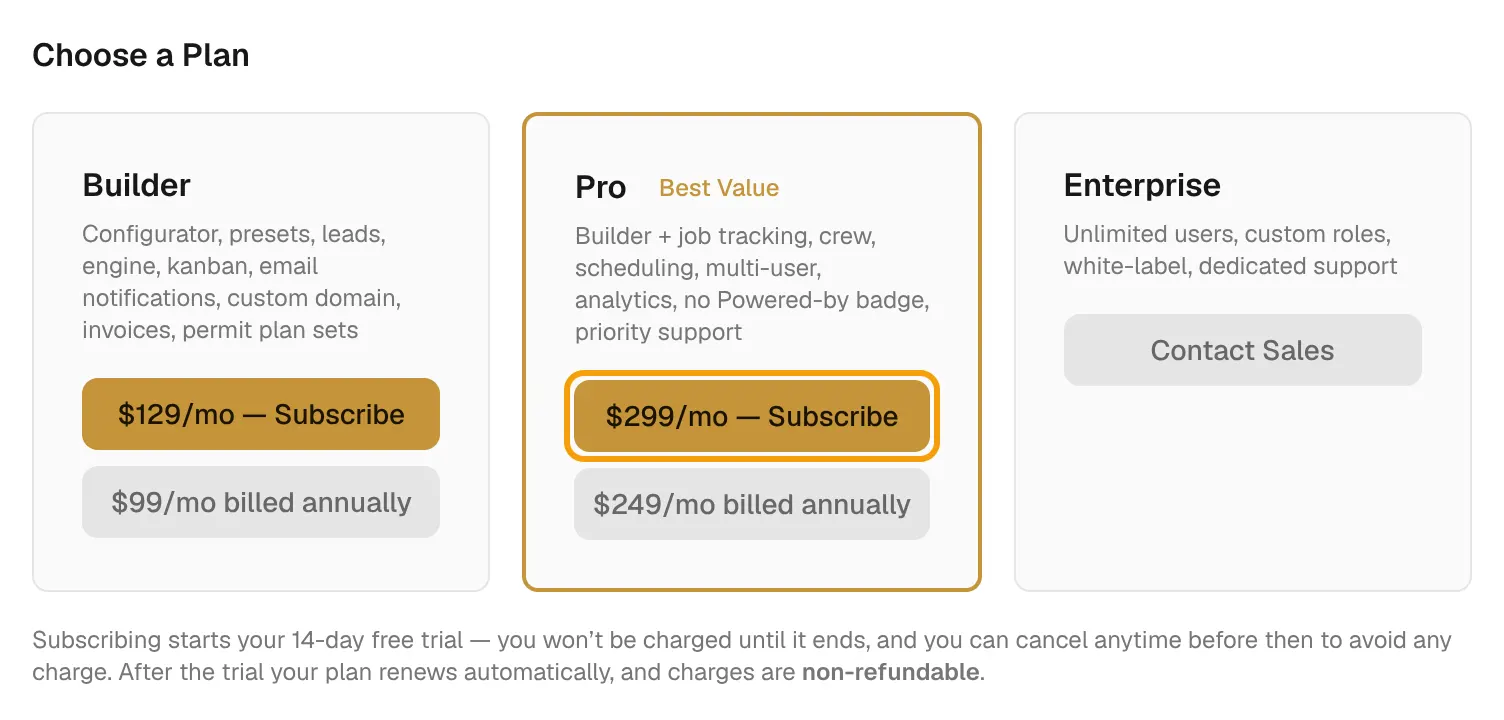 The Choose a Plan section with Builder, Pro and Enterprise, and the Pro monthly button outlined.
