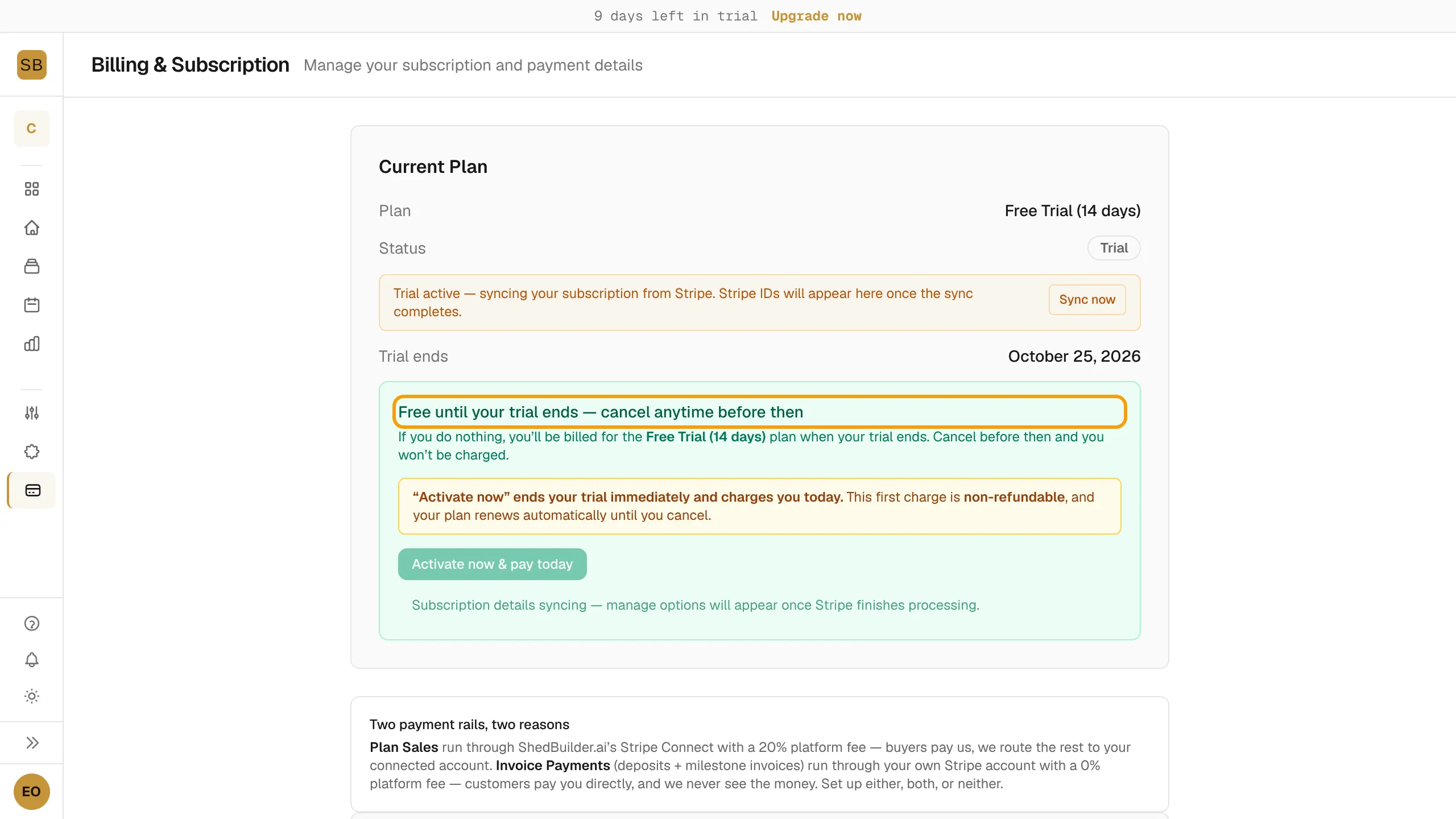 The Billing page during a trial with the free trial notice outlined.