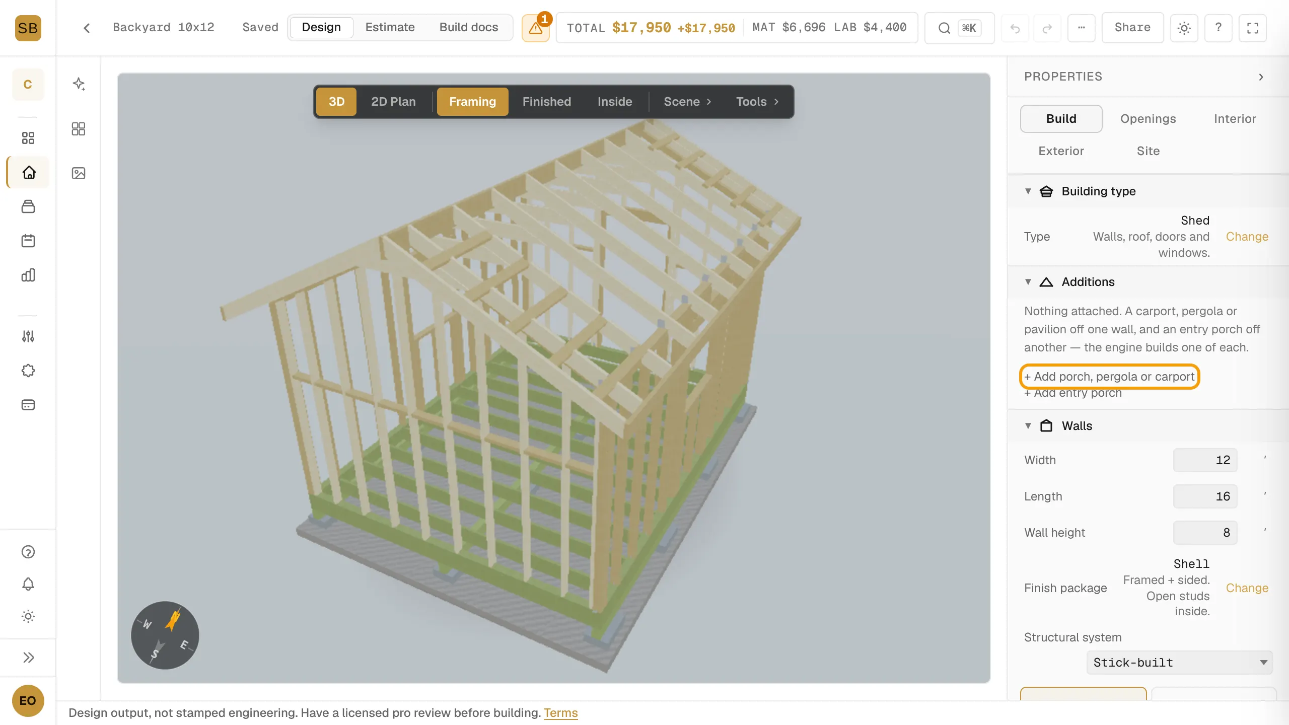 The Additions section with the + Add porch, pergola or carport button outlined.