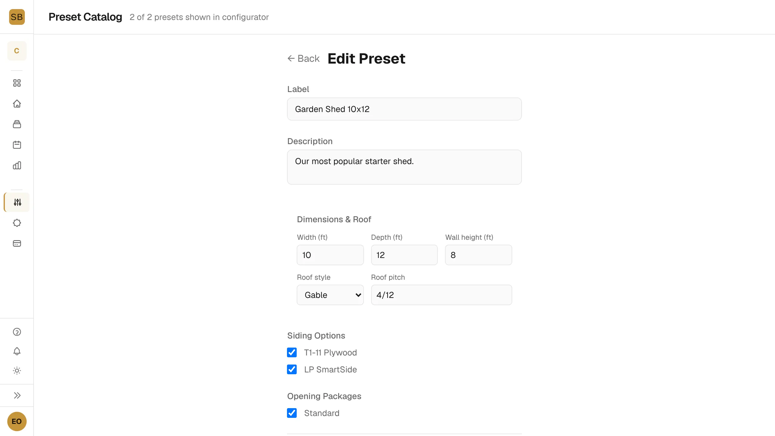 The Edit Preset page showing siding options, opening packages and the outlined Check pricing math button.