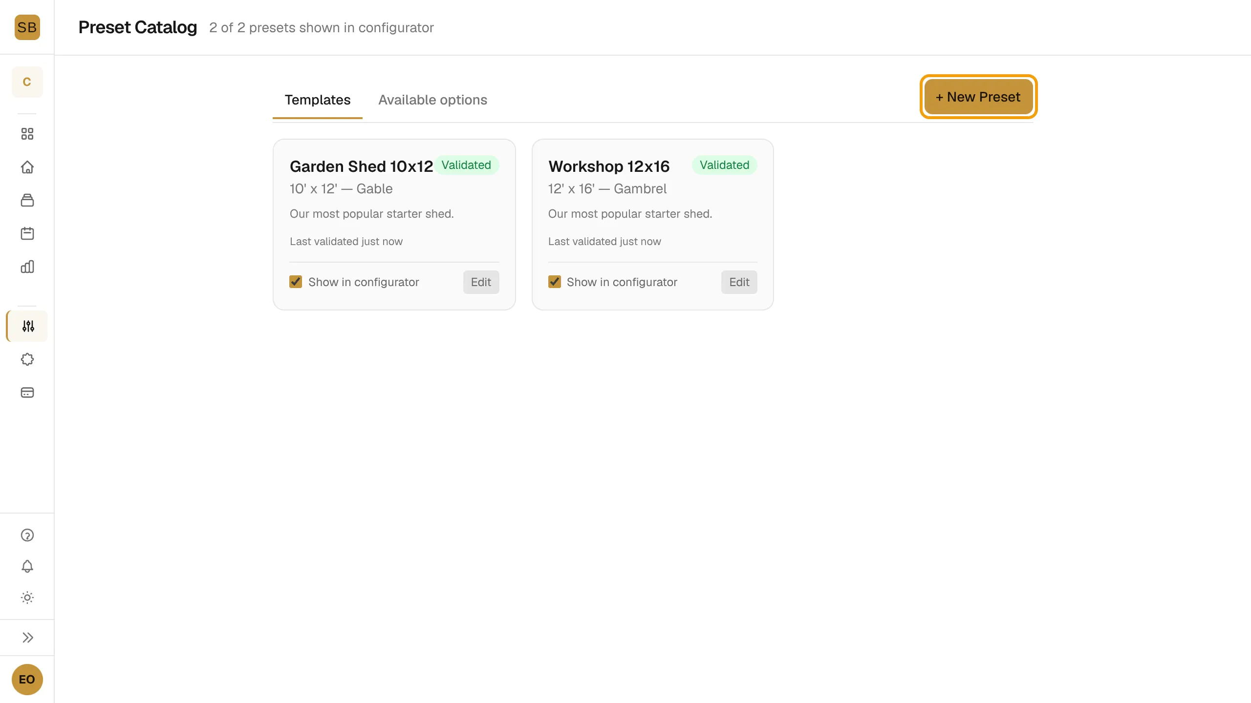 The Preset Catalog page with the Templates tab open and the + New Preset button outlined.