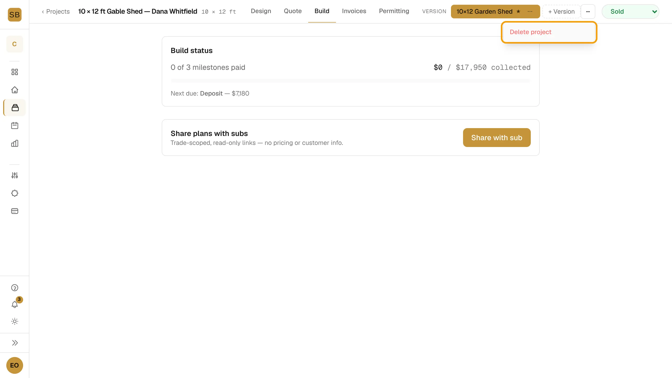 The Project actions menu open with Delete project outlined.