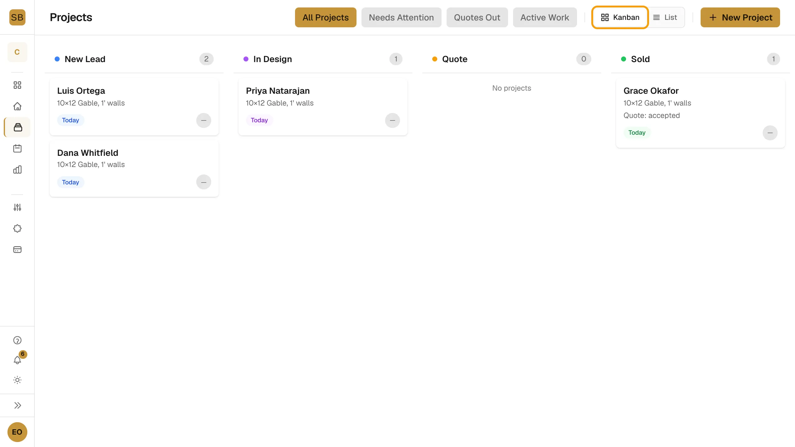 The Projects board in Kanban view with the Kanban toggle outlined and leads in the New Lead, In Design and Sold columns.