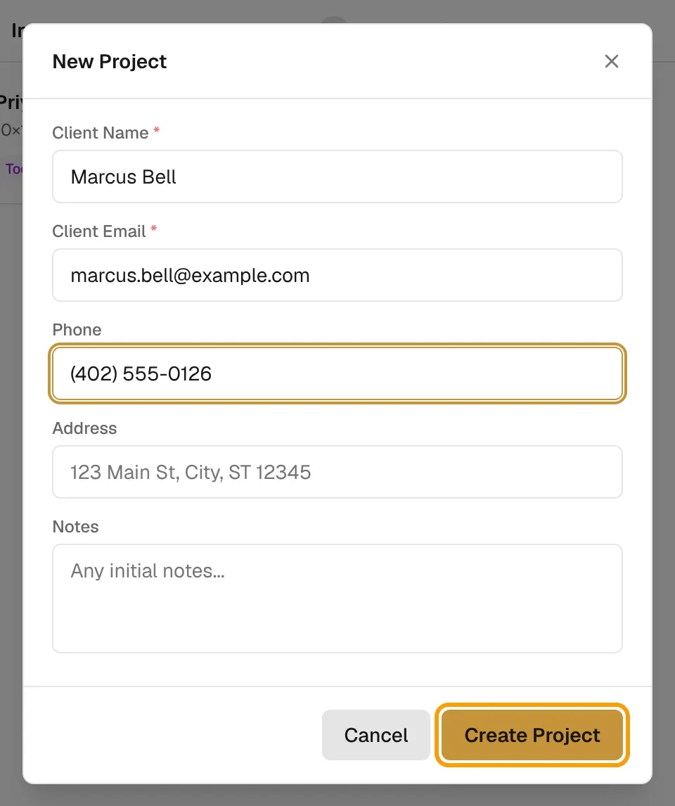 The New Project dialog with a client name, email and phone filled in and the Create Project button outlined.