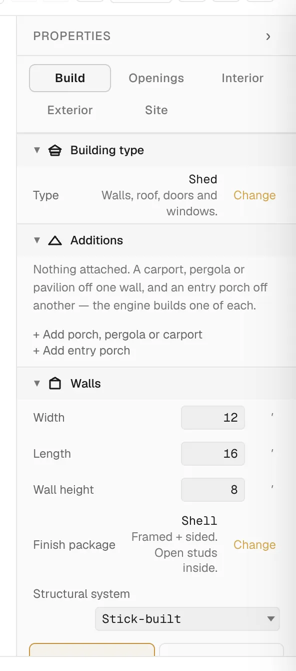 The properties panel on the Build tab with the Walls section open, showing Width, Length and Wall height.