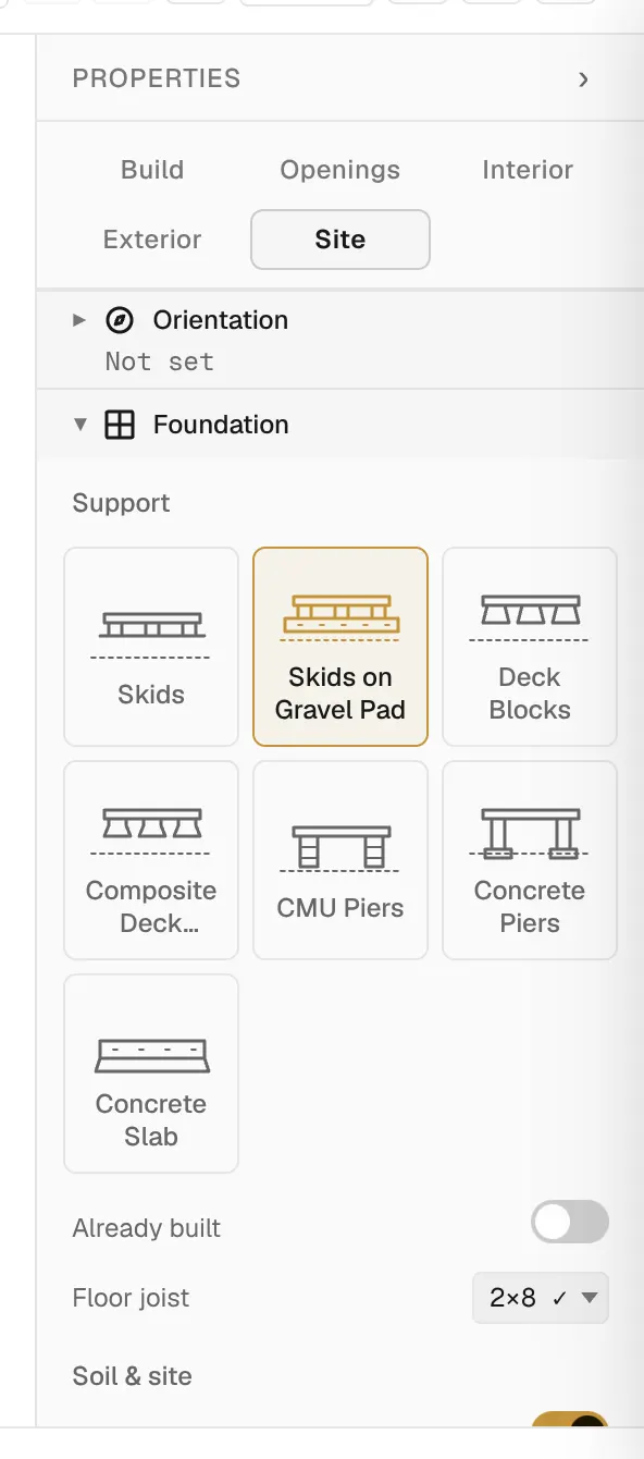 The properties panel on the Site tab with the Foundation section open.