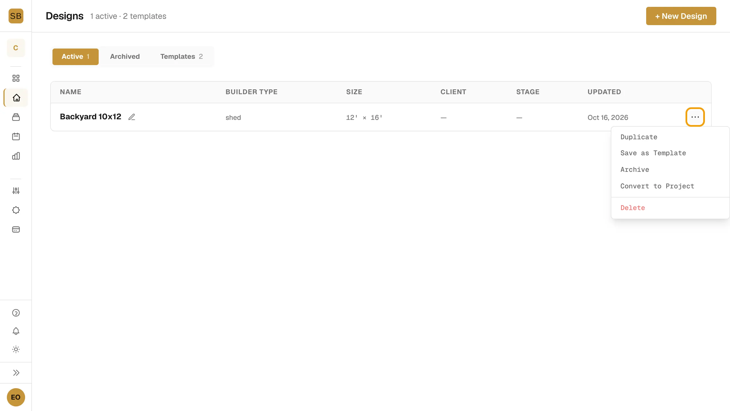 The designs list with the row menu open for Backyard 10x12, showing Duplicate, Save as Template, Archive and Delete.