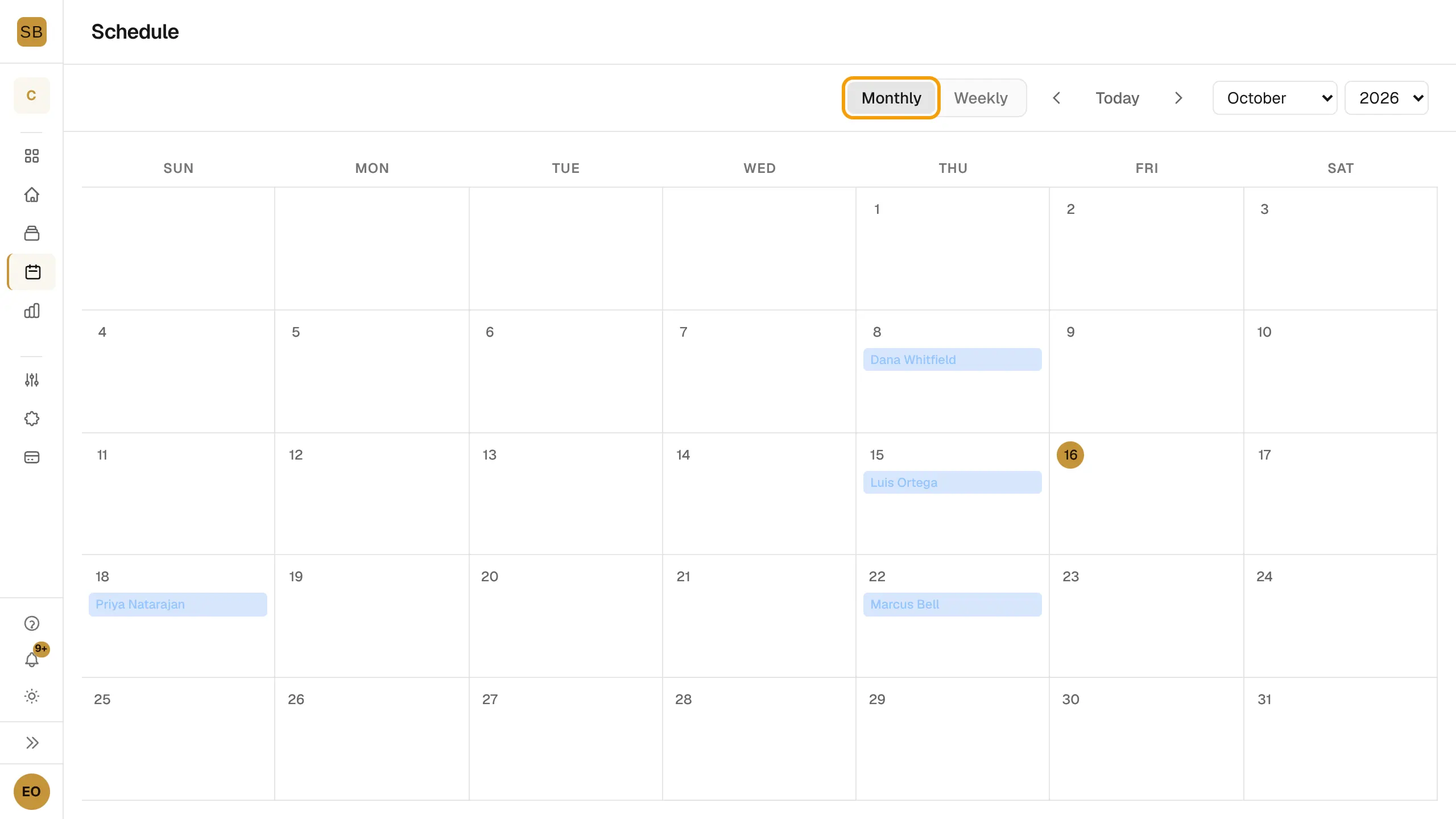 The Schedule page in monthly view with scheduled builds and the Monthly toggle outlined.