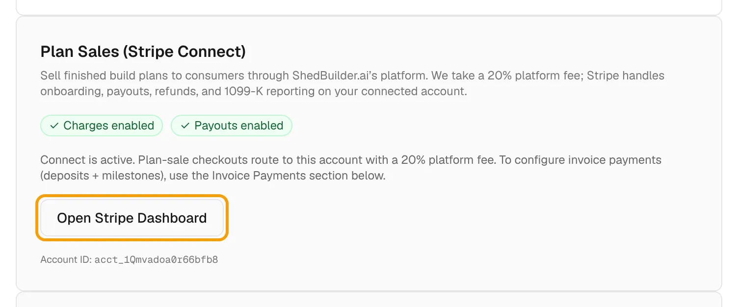 The Plan Sales section on the Billing page with Charges and Payouts enabled and Open Stripe Dashboard outlined.