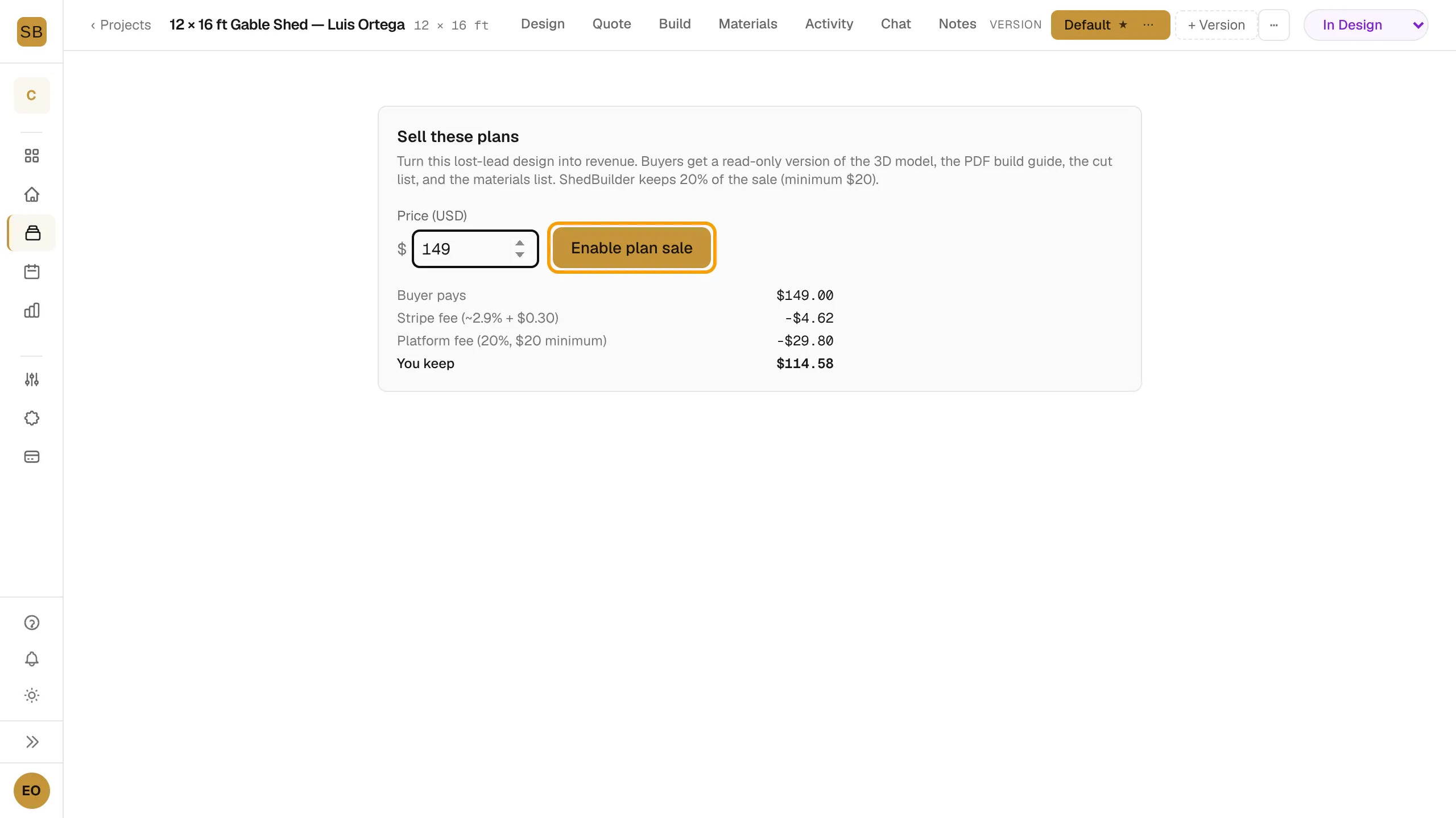 The Sell as Plans tab with a price entered, the fee breakdown and Enable plan sale outlined.