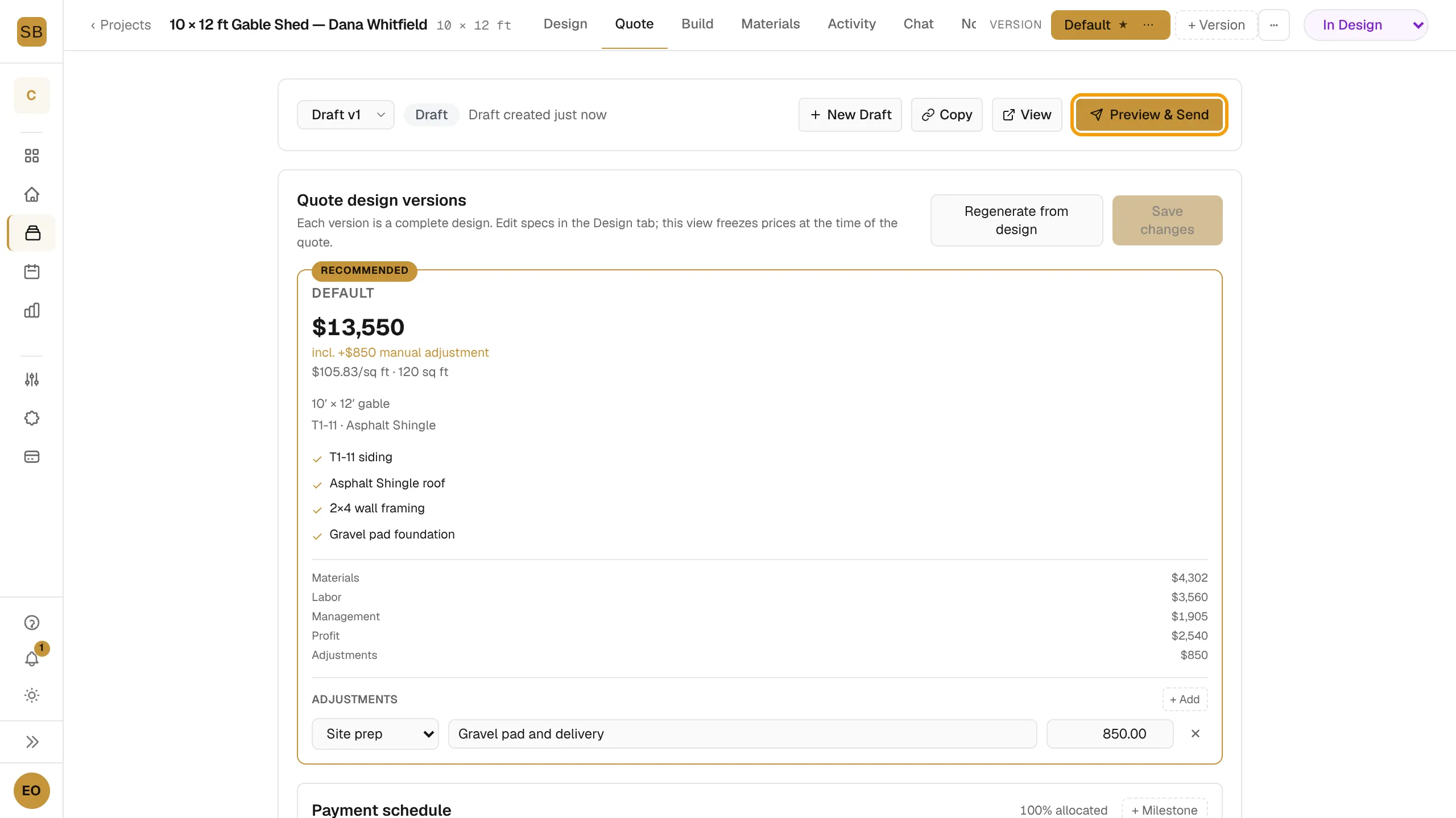 The Quote tab with design versions, a custom line item and the Preview & Send button outlined.