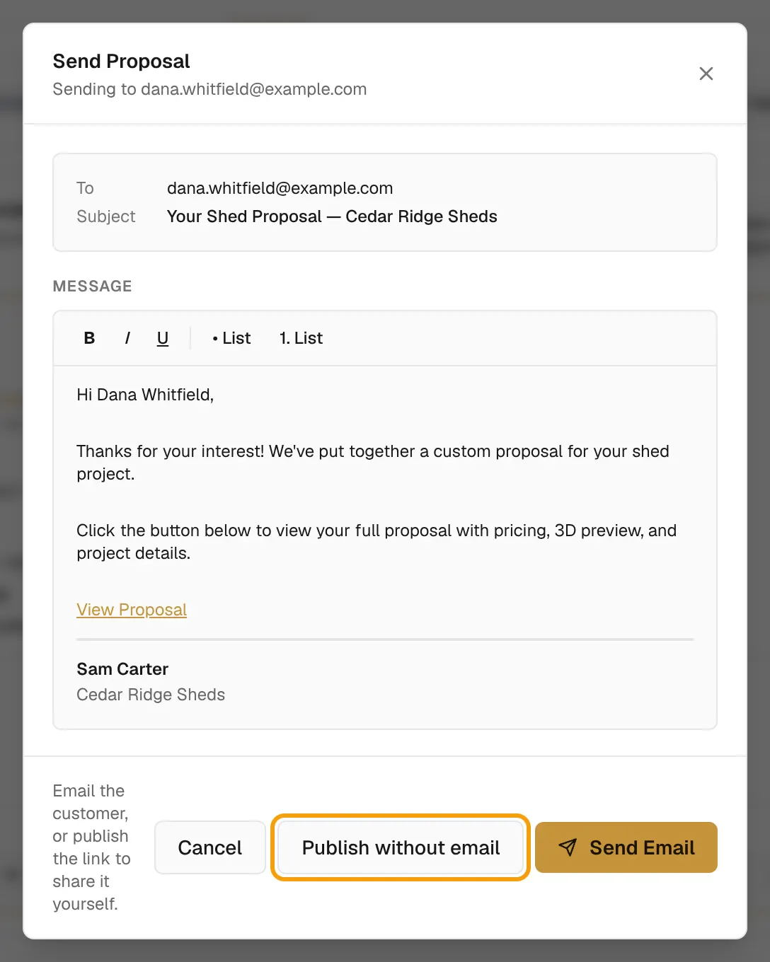 The Send Proposal dialog with the To, Subject and Message fields and Publish without email outlined.