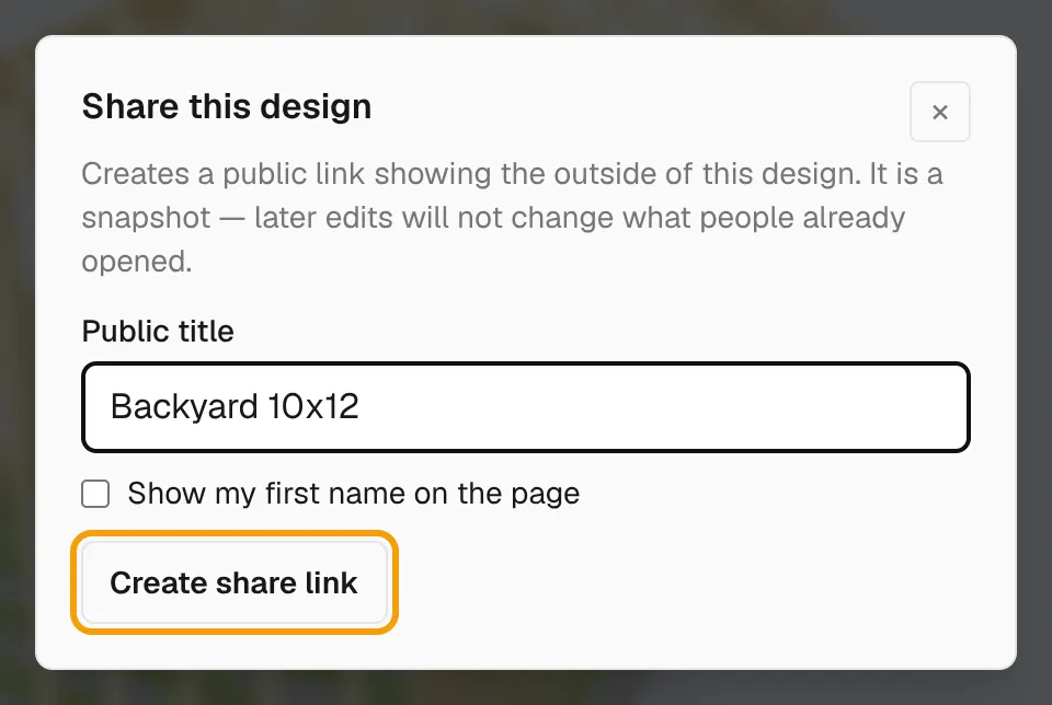 The Share this design dialog with the Public title filled in and the Create share link button outlined.
