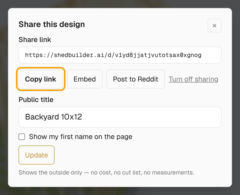 The share dialog after creating a link, with the Copy link, Embed and Post to Reddit buttons.