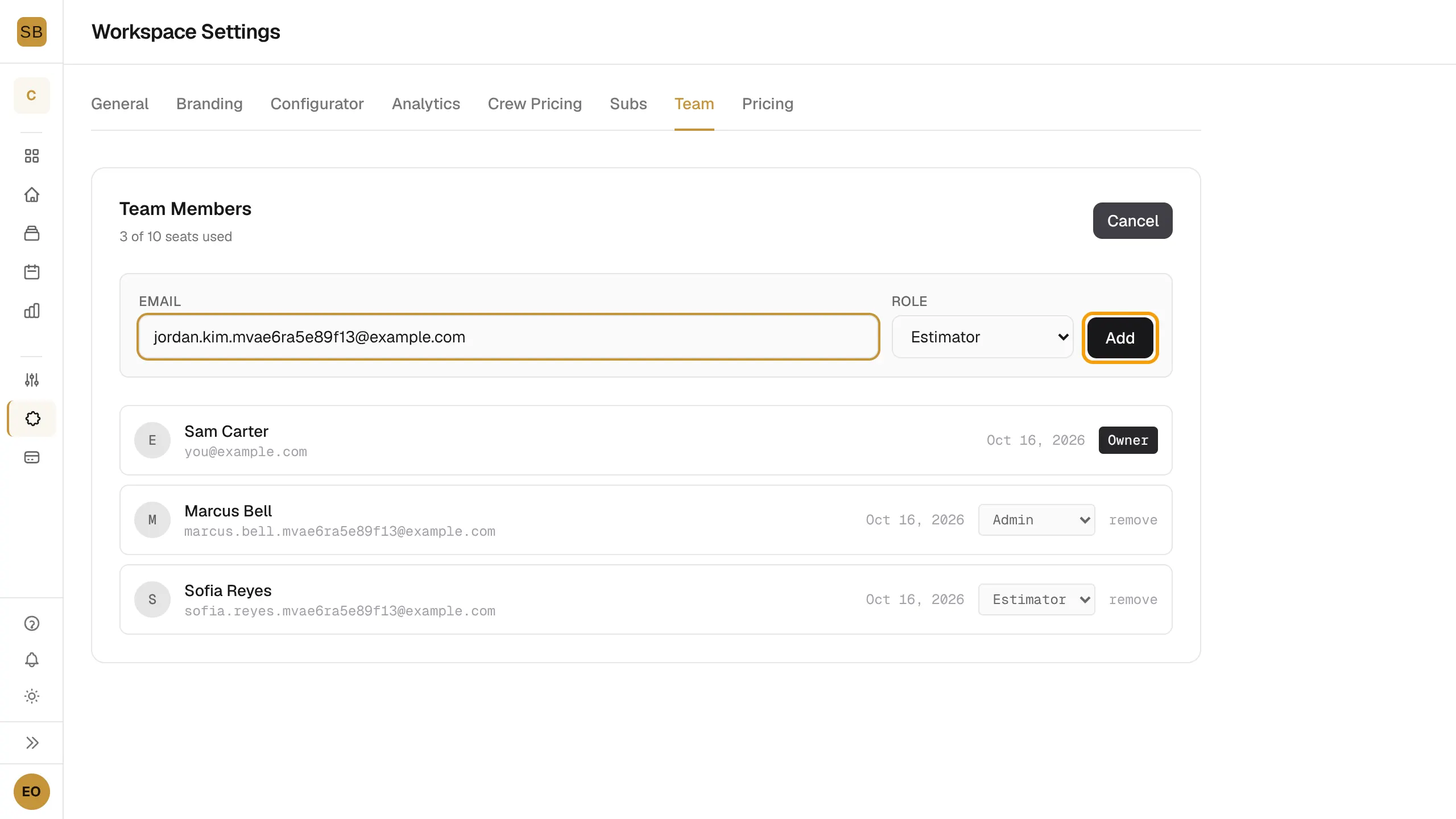 The Team tab invite form with an email and the Estimator role and the Add button outlined.