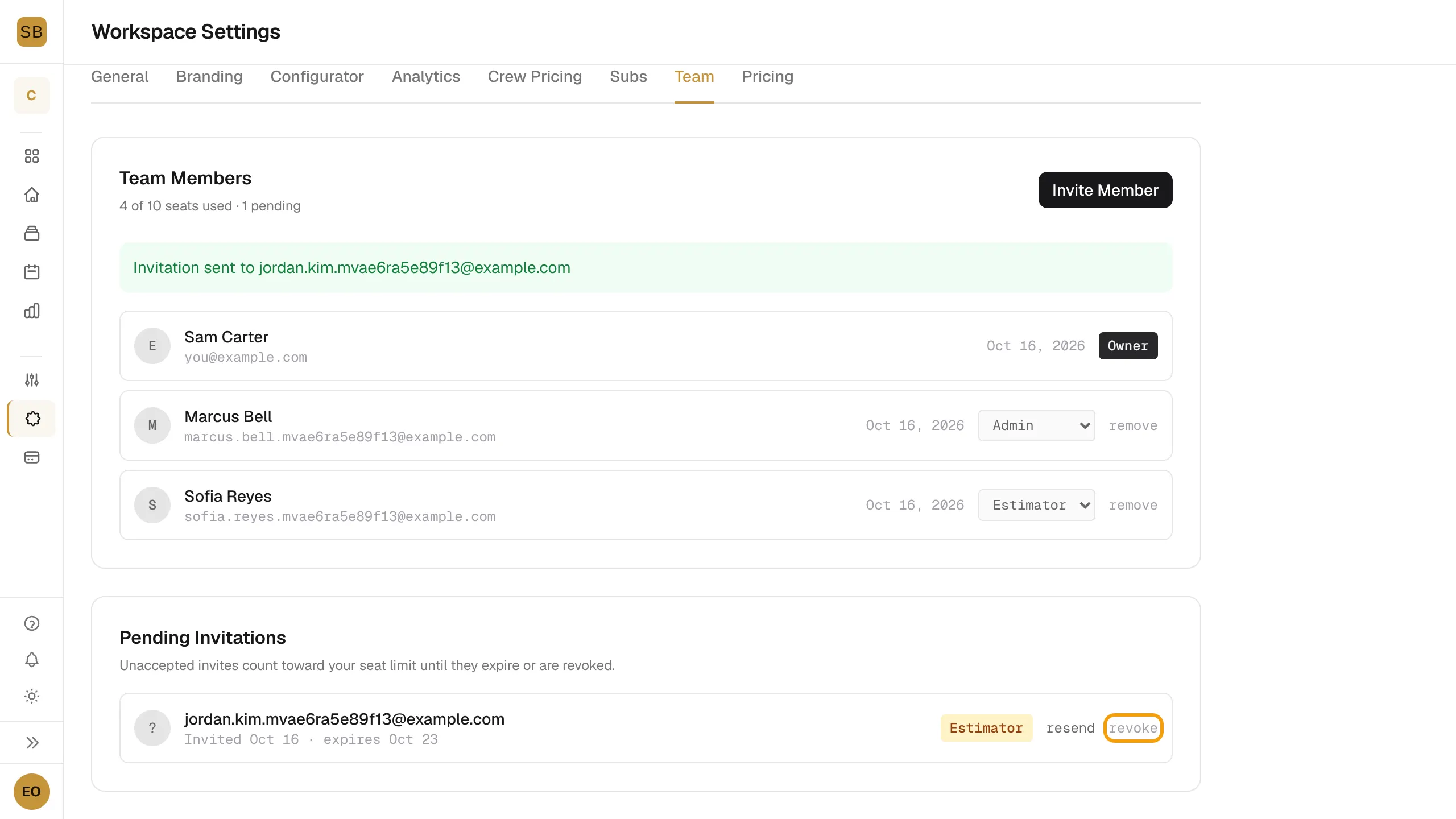 The Pending Invitations list with the revoke button outlined.