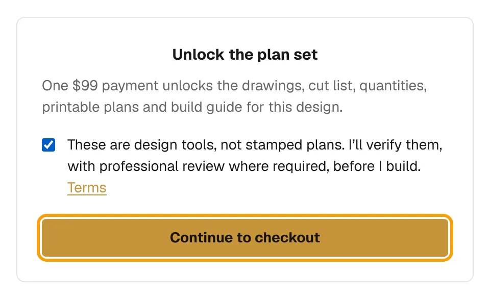 The Unlock the plan set checkout page with the acknowledgment ticked and Continue to checkout ringed.