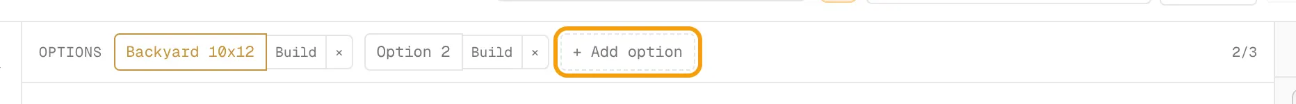 The Options bar above the designer with an option pill, Build and the + Add option button ringed.