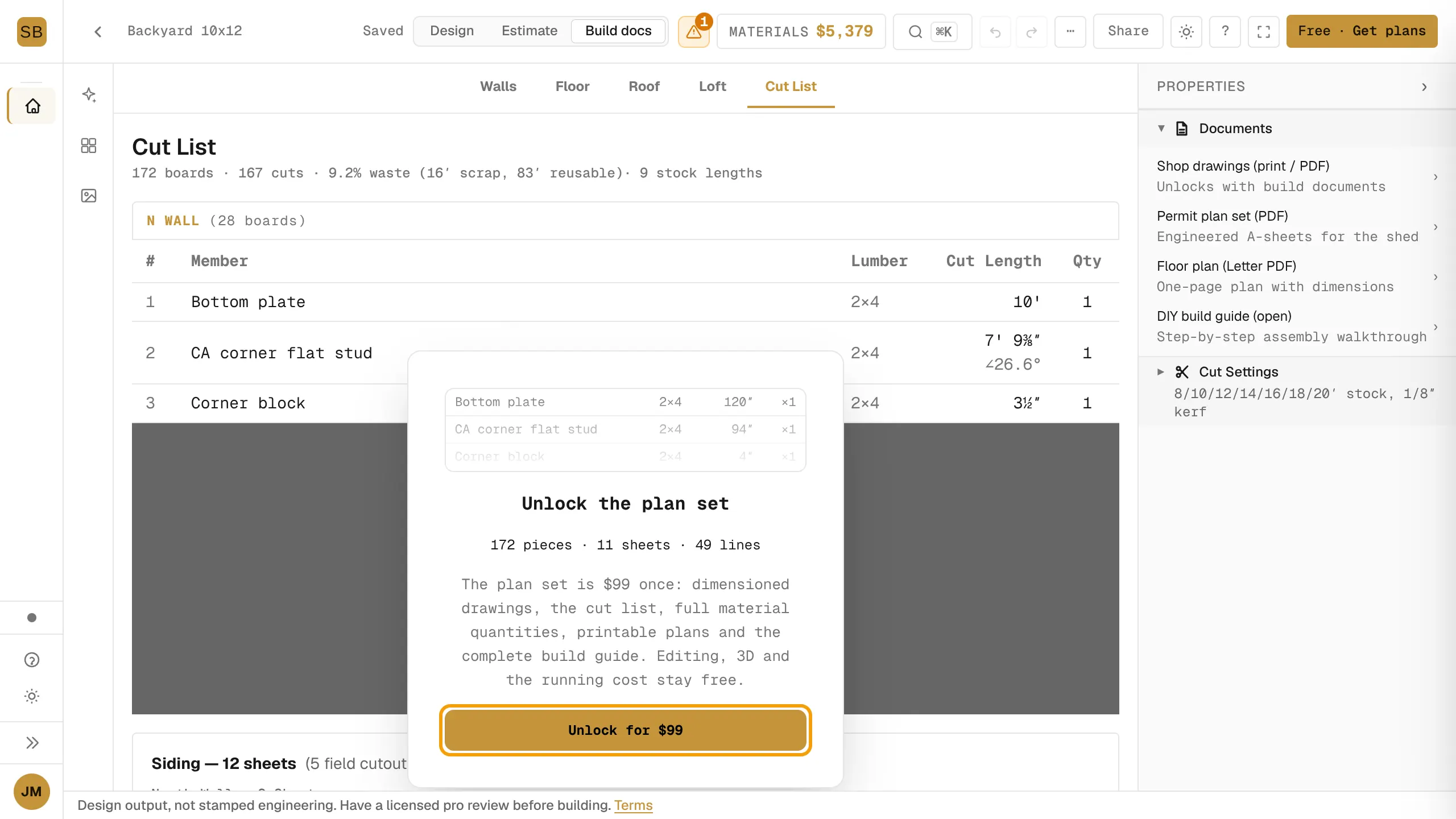 A locked Cut List tab with the Unlock the plan set gate and the Unlock for $99 button ringed.