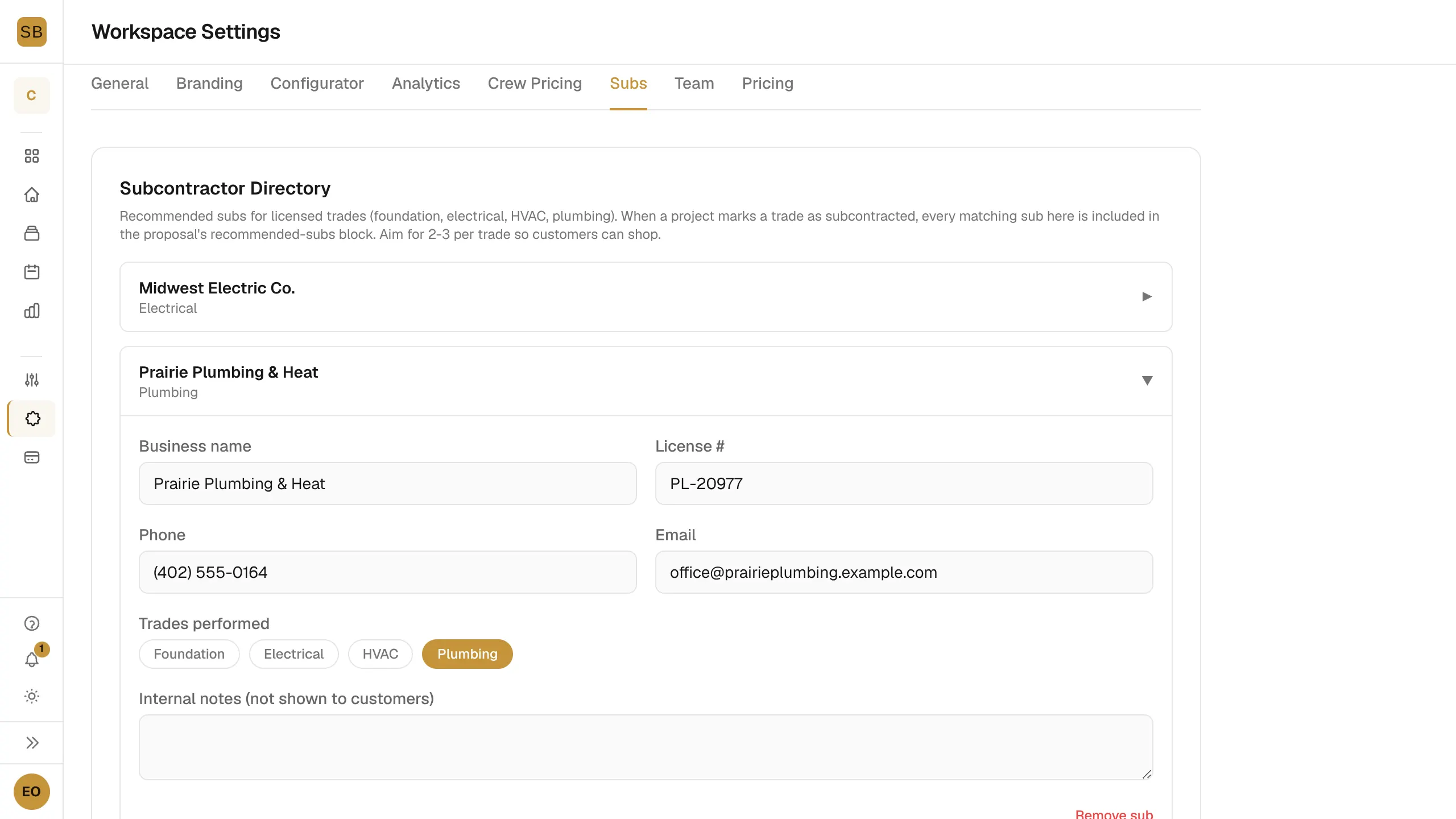 The Subcontractor Directory in Settings with two subs added and Save Directory outlined.