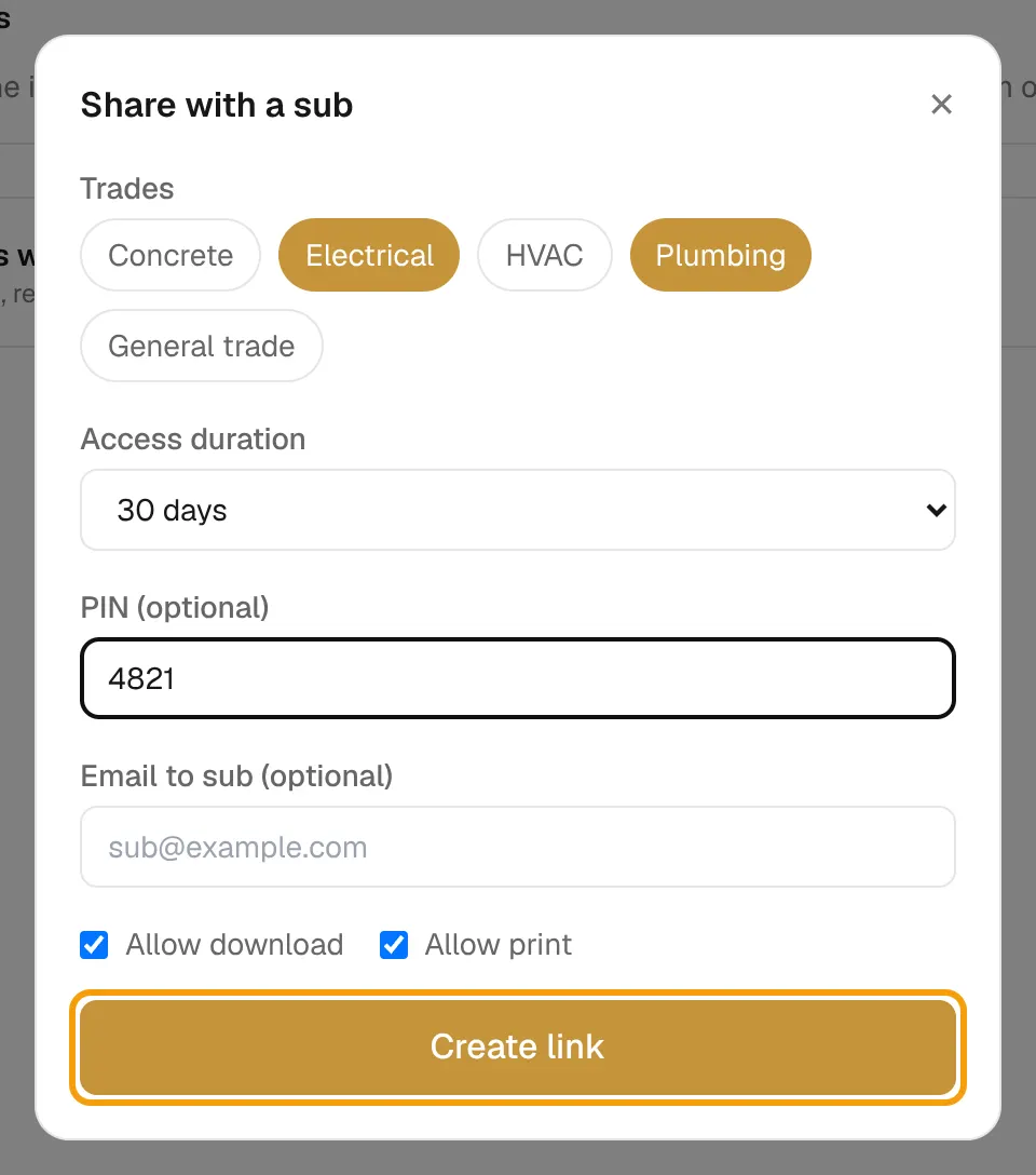 The Share with a sub dialog with Electrical and Plumbing picked, a PIN entered and Create link outlined.